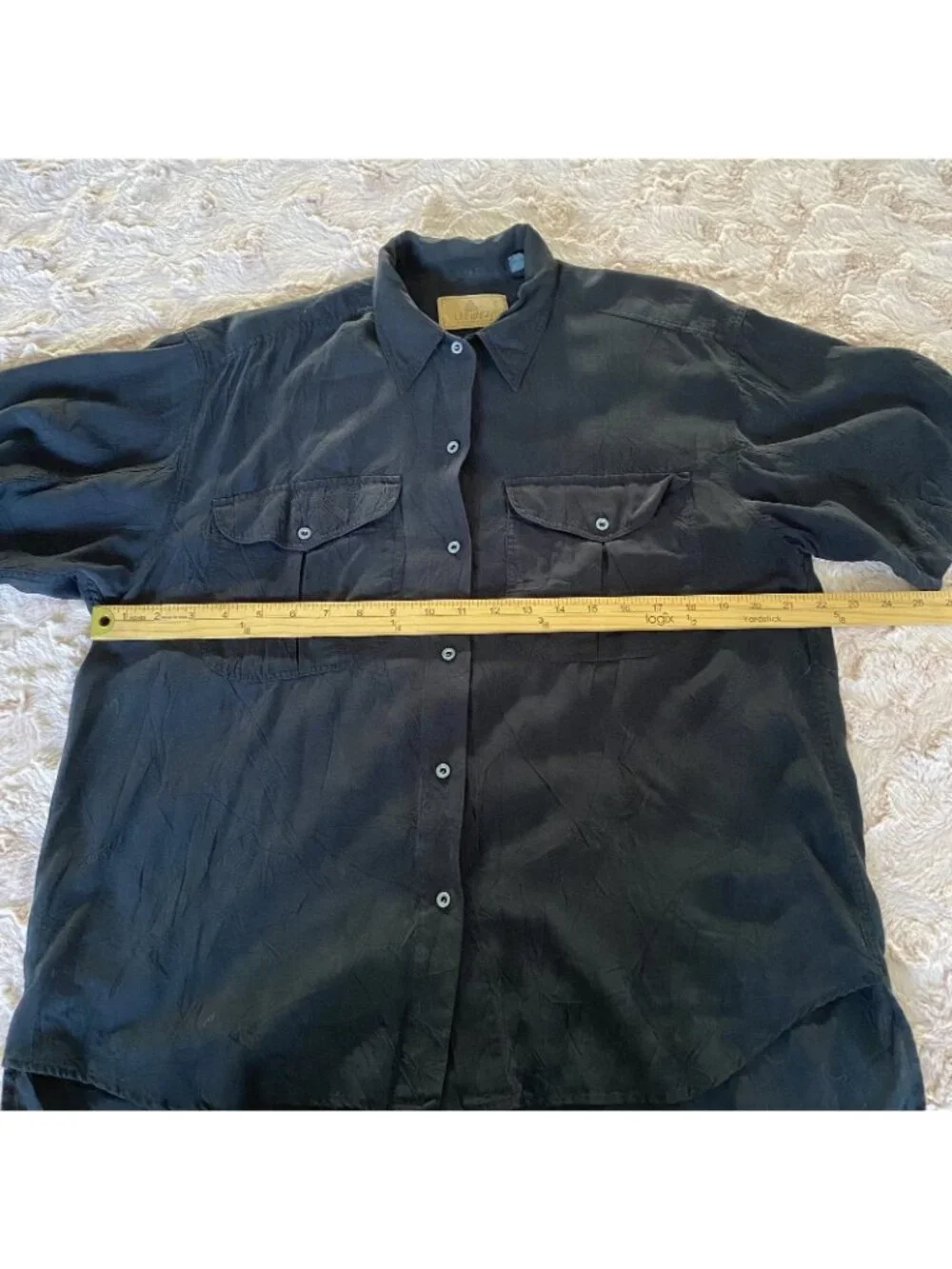 Liz Wear Womens Black Rayon Top Medium Relaxed Button Up Distressed Shirt